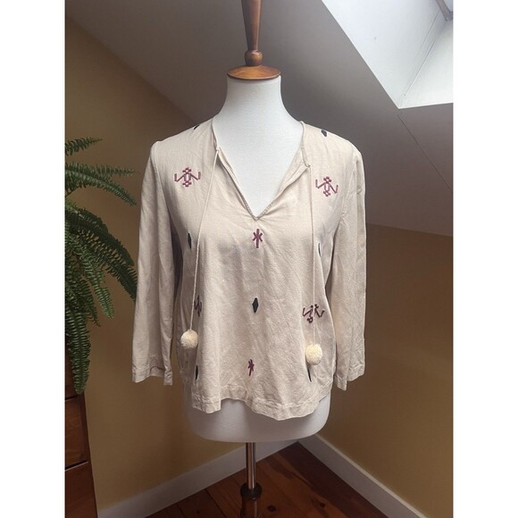 Madewell Women Shirt Small Silk Red Embroidered Aztec Print Tassel Poms Top - Picture 6 of 16